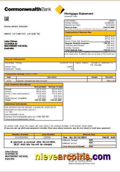 Australia Commonwealth bank mortgage statement